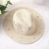 Paris-Chapeau chapeau de paille Beige 3 / 56-58cm Chapeau en paille floral perles