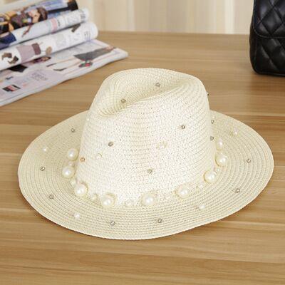 Paris-Chapeau chapeau de paille Blanc 2 / 56-58cm Chapeau en paille floral perles