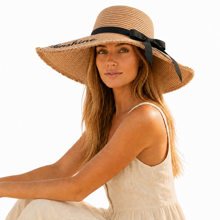 Capeline Femme Grand Bord en Paille — Broderie Sunshine & Nœud Ruban