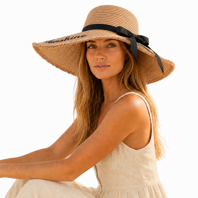 Chapeau femme paille bord effrangé broderie Sunshine ruban noir