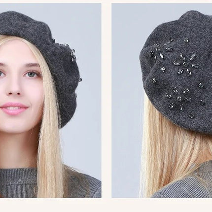 Béret femme en laine et strass - Beige - Ajustable (du 54 au 59) | La boutique du chapeau