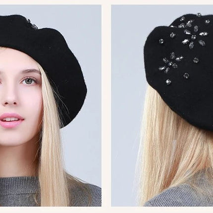 Béret femme en laine et strass - Beige - Ajustable (du 54 au 59) | La boutique du chapeau