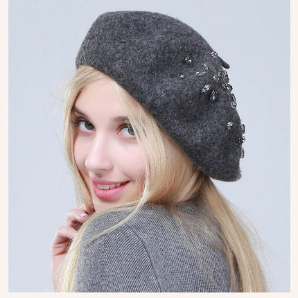 Béret femme en laine et strass - Beige - Ajustable (du 54 au 59) | La boutique du chapeau