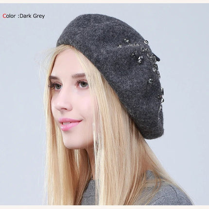 Béret femme en laine et strass - Beige - Ajustable (du 54 au 59) | La boutique du chapeau