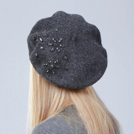 Béret femme en laine et strass - Gris - Ajustable (du 54 au 59) | La boutique du chapeau