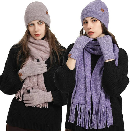 Bonnet, écharpe et gants en peluche - Violet - Ajustable (du 54 au 59) | La boutique du chapeau