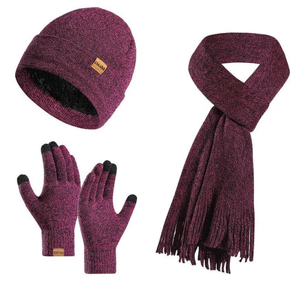 Bonnet, écharpe et gants en peluche - Bordeau - Ajustable (du 54 au 59) | La boutique du chapeau