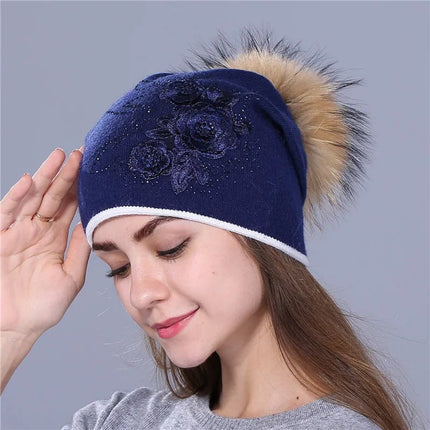 Bonnet en laine avec pompon pour femme : look hivernal tendance - Bleu 2 - Ajustable (du 54 au 59) | La boutique du chapeau