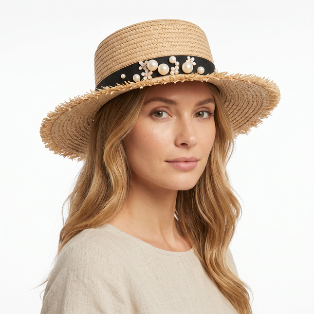 Canotier femme paille bord effrangé ruban noir perles