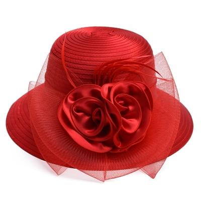 Capeline floral a grand bord en satin et crin - Rouge - M (56 - 58cm) | La boutique du chapeau