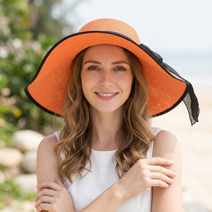 capeline en paille pour femme grand bord ruban bicolore orange
