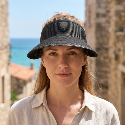 chapeau anti-uv femme visière paille dessus ouvert noir