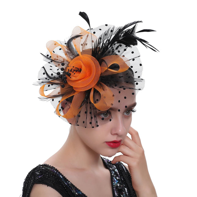 Chapeau Bibi dentelle et fleurs - Noir/orange - | La boutique du chapeau