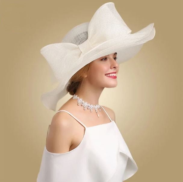 Chapeau de mariée à large bord - Beige/blanc - M (56 - 58cm) | La boutique du chapeau