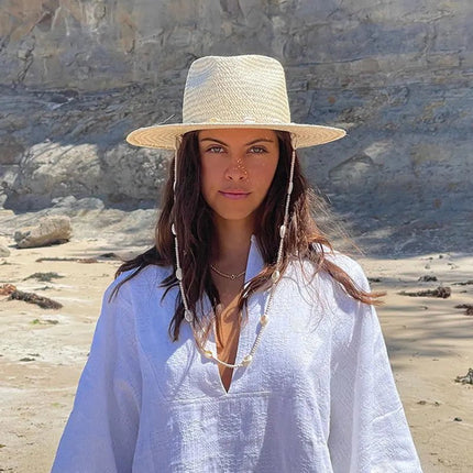 Chapeau de paille avec cordon - Beige - M (56 - 58cm) | La boutique du chapeau