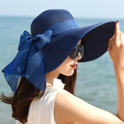 Chapeau de paille avec nœud - Plage - Bleu - M (56 - 58cm) | La boutique du chapeau