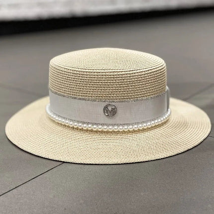 Chapeau de paille avec ruban et perle - Beige - M (56 - 58cm) | La boutique du chapeau