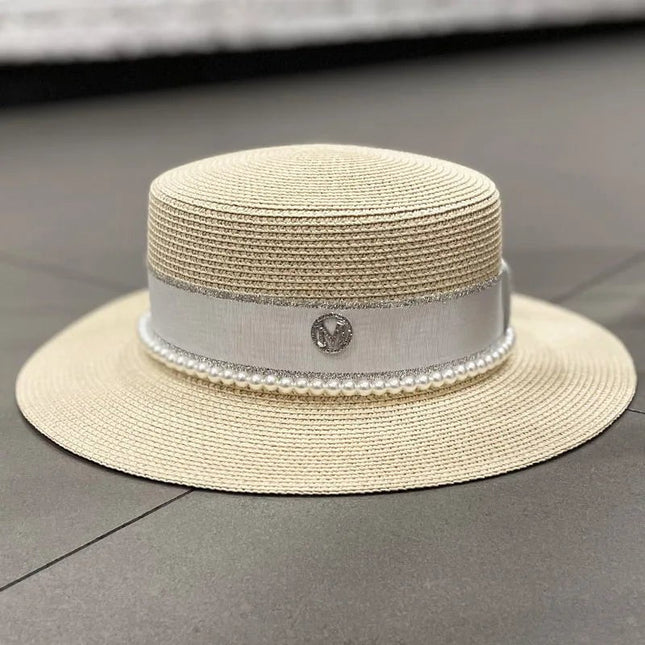 Chapeau de paille avec ruban et perle - Beige - M (56 - 58cm) | La boutique du chapeau