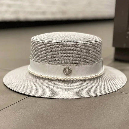 Chapeau de paille avec ruban et perle - Gris clair - M (56 - 58cm) | La boutique du chapeau