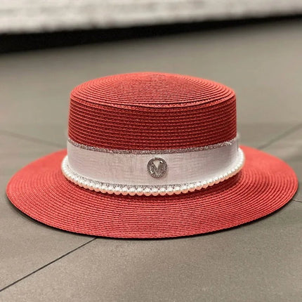 Chapeau de paille avec ruban et perle - Rouge - M (56 - 58cm) | La boutique du chapeau