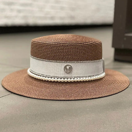 Chapeau de paille avec ruban et perle - Marron - M (56 - 58cm) | La boutique du chapeau