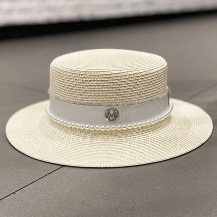 Chapeau de paille avec ruban et perle - Beige 1 - M (56 - 58cm) | La boutique du chapeau