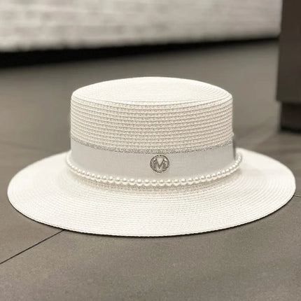 Chapeau de paille avec ruban et perle - Beige - M (56 - 58cm) | La boutique du chapeau