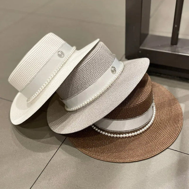 Chapeau de paille avec ruban et perle - Beige - M (56 - 58cm) | La boutique du chapeau