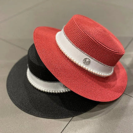 Chapeau de paille avec ruban et perle - Beige - M (56 - 58cm) | La boutique du chapeau