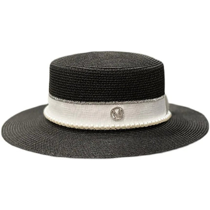 Chapeau de paille avec ruban et perle - Beige - M (56 - 58cm) | La boutique du chapeau