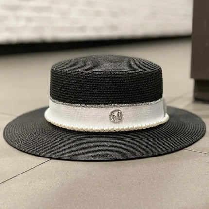 Chapeau de paille avec ruban et perle - Noir - M (56 - 58cm) | La boutique du chapeau