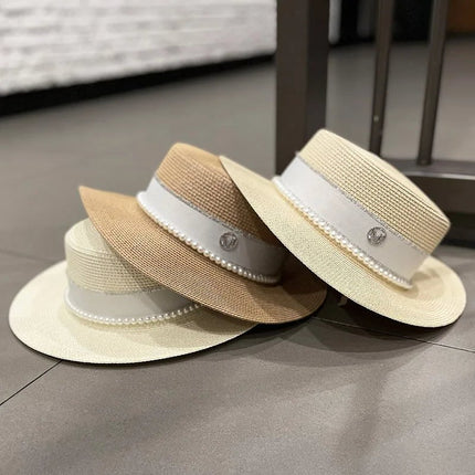Chapeau de paille avec ruban et perle - Beige - M (56 - 58cm) | La boutique du chapeau
