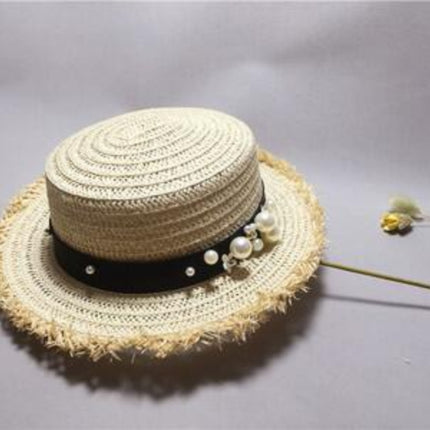 Chapeau de paille bandeau en cuir et perles - Beige - M (56 - 58cm) | La boutique du chapeau