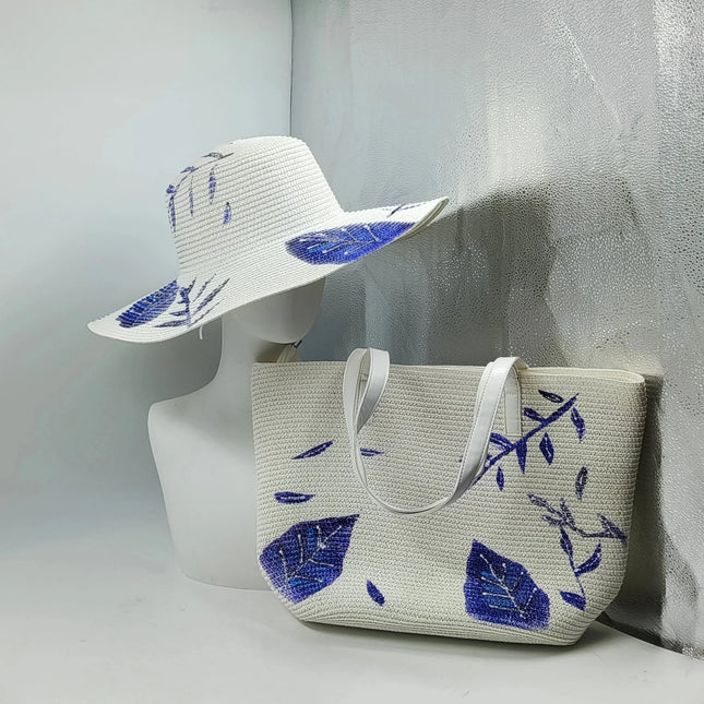 Chapeau de paille et sac assorti - Blanc/bleu - M (56 - 58cm) | La boutique du chapeau