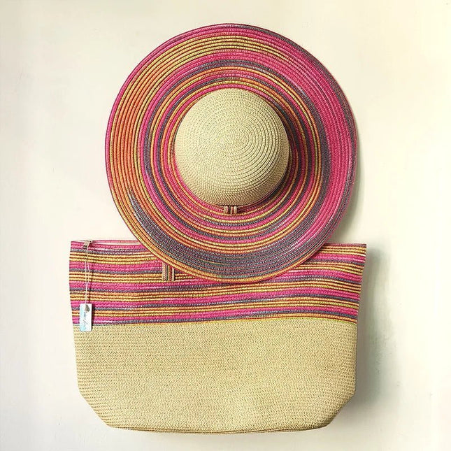 Chapeau de paille et sac de plage beige - Beige/rose - M (56 - 58cm) | La boutique du chapeau