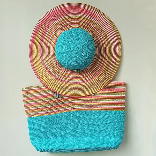 Chapeau de paille et sac de plage bleu ciel - Bleu ciel - M (56 - 58cm) | La boutique du chapeau