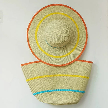 Chapeau de paille et sac de plage trois couleurs - Beige - M (56 - 58cm) | La boutique du chapeau