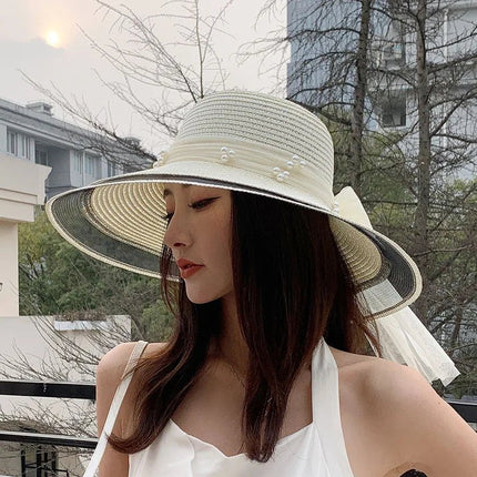 Chapeau de paille perlé - Blanc - M (56 - 58cm) | La boutique du chapeau