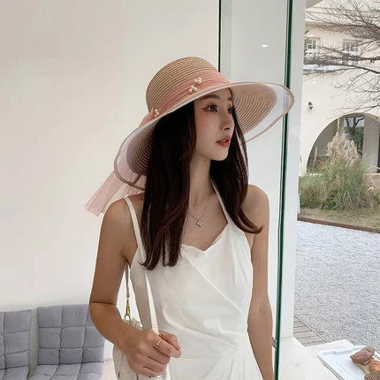 Chapeau de paille perlé - Rose - M (56 - 58cm) | La boutique du chapeau