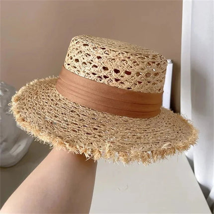 Chapeau de paille plat - Beige/noir - M (56 - 58cm) | La boutique du chapeau
