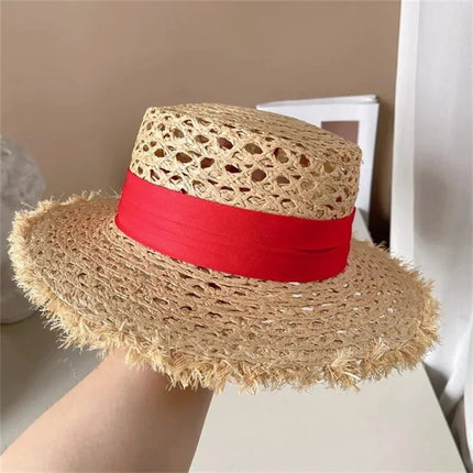 Chapeau de paille plat - Beige/rouge - M (56 - 58cm) | La boutique du chapeau