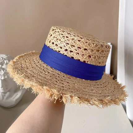 Chapeau de paille plat - Beige/bleu - M (56 - 58cm) | La boutique du chapeau
