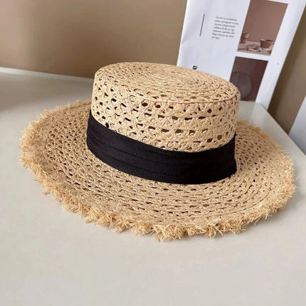 Chapeau de paille plat - Beige/noi - M (56 - 58cm) | La boutique du chapeau