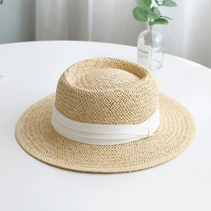 Chapeau de paille rond ruban blanc - Beige/blanc - M (56 - 58cm) | La boutique du chapeau