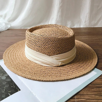 Chapeau de paille rond ruban blanc - Marron/blanc - M (56 - 58cm) | La boutique du chapeau