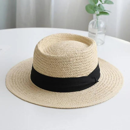 Chapeau de paille rond ruban blanc - Beige/noir - M (56 - 58cm) | La boutique du chapeau