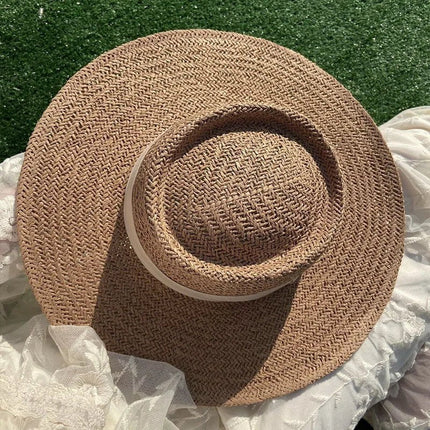 Chapeau de paille rond ruban blanc - Marron/noir - M (56 - 58cm) | La boutique du chapeau