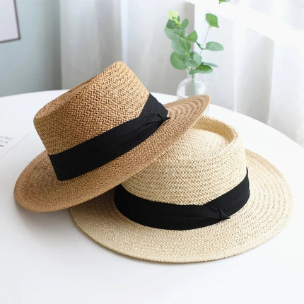 Chapeau de paille rond ruban blanc - Marron/noir - M (56 - 58cm) | La boutique du chapeau