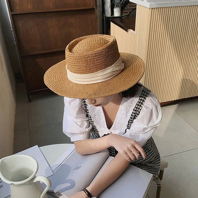 Chapeau de paille rond ruban blanc - Marron/noir - M (56 - 58cm) | La boutique du chapeau