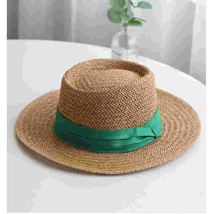 Chapeau de paille rond ruban blanc - Marron/vert - M (56 - 58cm) | La boutique du chapeau